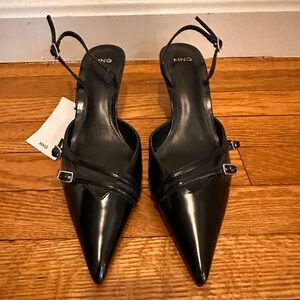 Mango Black Strappy Kitten Heel Pumps